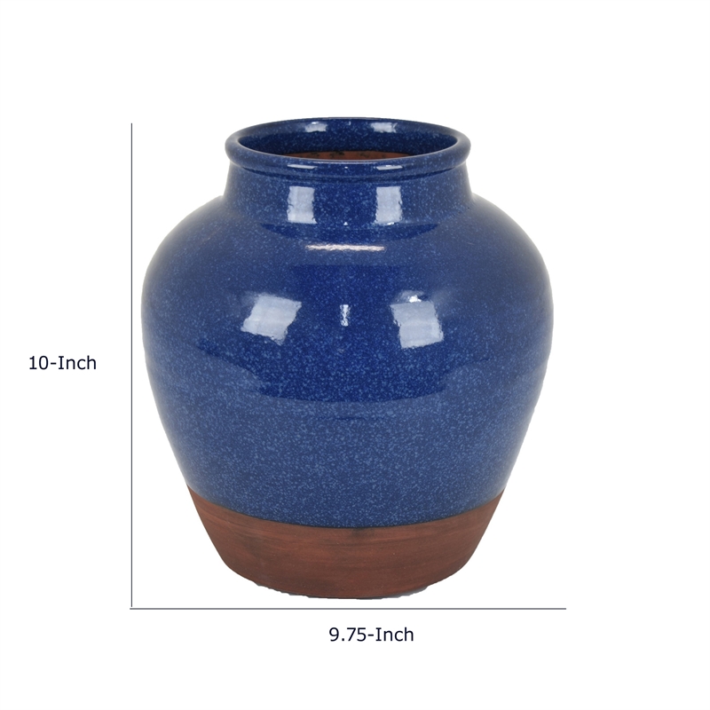 Ginger Jar Vase- Speckled and Glazed Top- Blue and Brown Ceramic 10 Inch