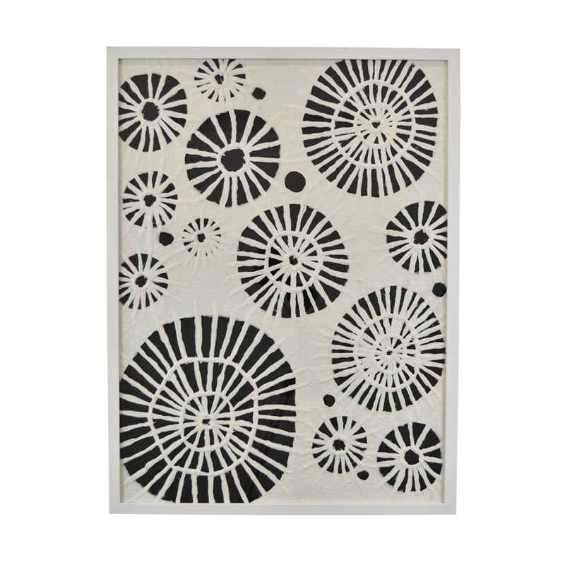 Wren Wall Art with Abstract Patterns- White Frame- Natural Fiber 32 Inch