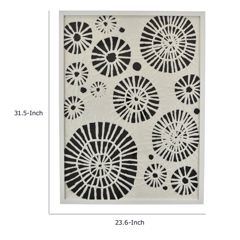 Wren Wall Art with Abstract Patterns- White Frame- Natural Fiber 32 Inch