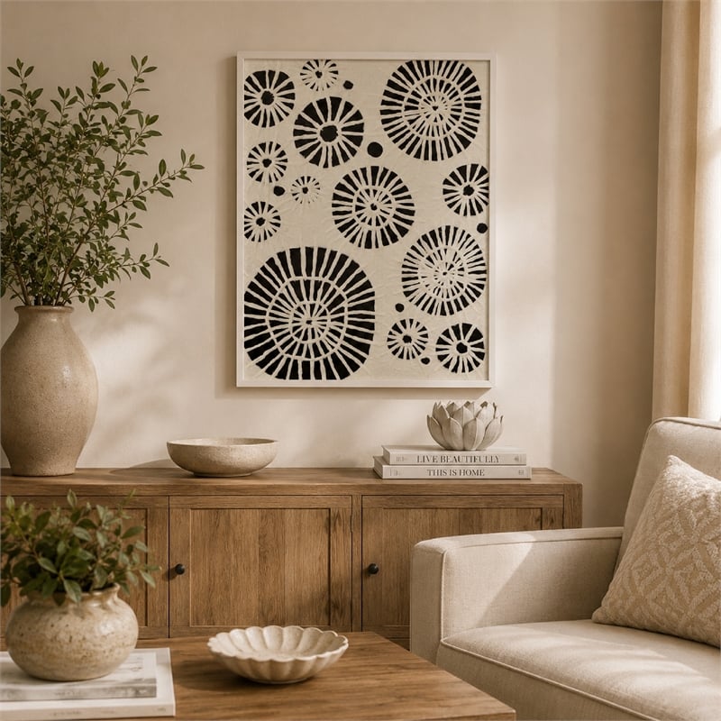 Wren Wall Art with Abstract Patterns- White Frame- Natural Fiber 32 Inch
