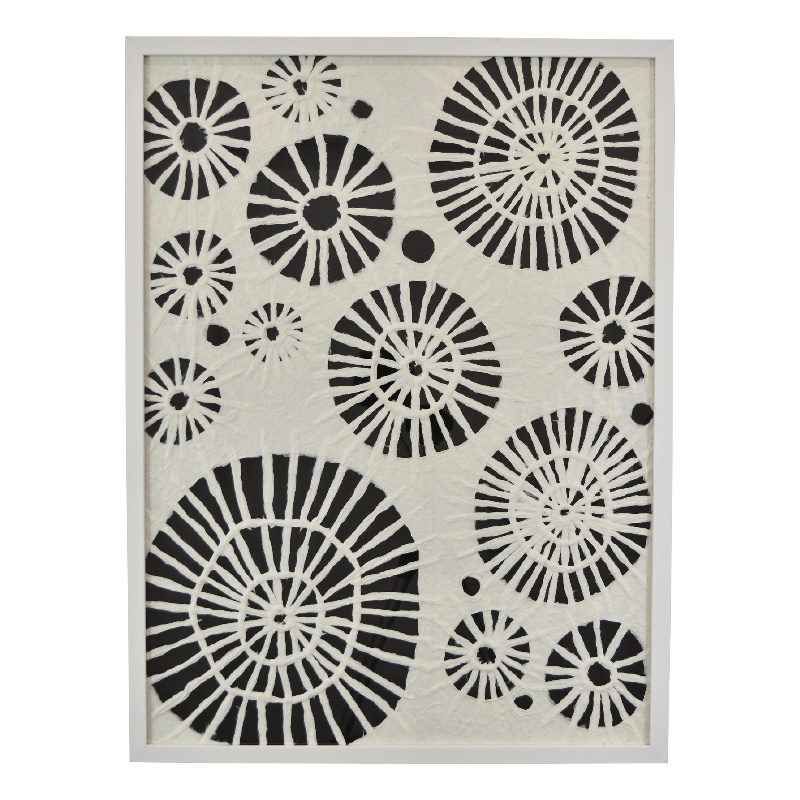 Wren Wall Art with Abstract Patterns- White Frame- Natural Fiber 32 Inch