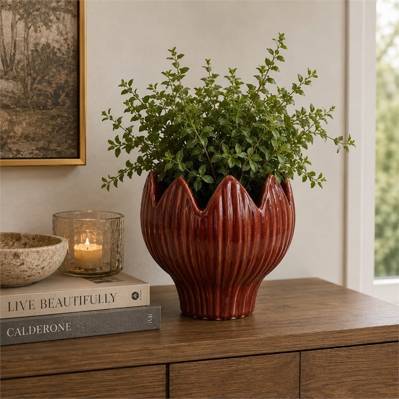 Siena Decorative Planter with Petal Edge Design- Red Ceramic 10 Inch