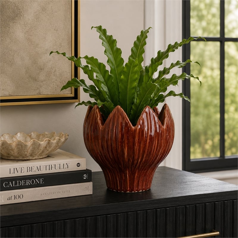 Siena Decorative Planter with Petal Edge Design- Red Ceramic 10 Inch