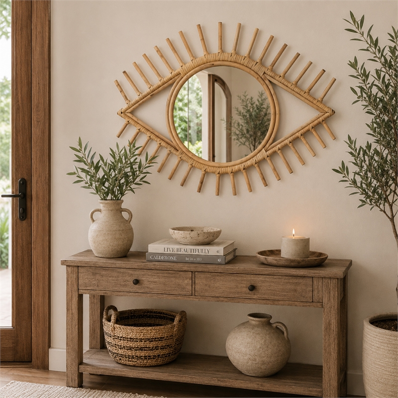 Greta Eye-Shaped Wall-Mounted Mirror- Sunburst Frame- Natural Fiber