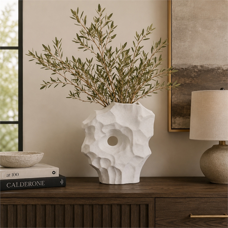 Abstract Sculpted Vase with Textured Organic Form- White Ceramic 15 Inch