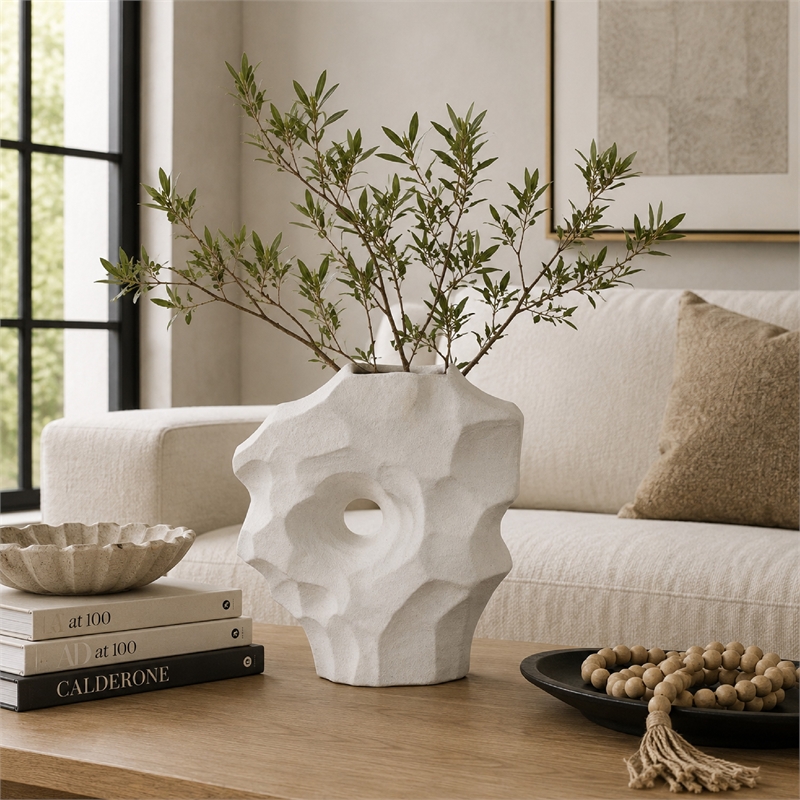 Abstract Sculpted Vase with Textured Organic Form- White Ceramic 15 Inch