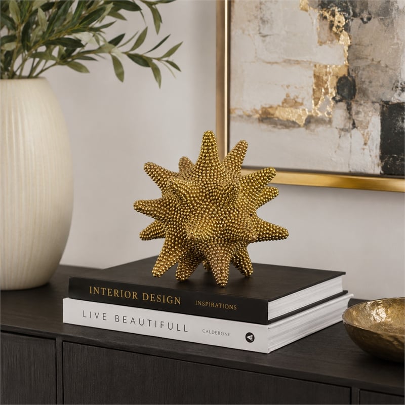 Noah Decorative Orb Sculpture with Spiked Details- Gold Resin 8 Inch