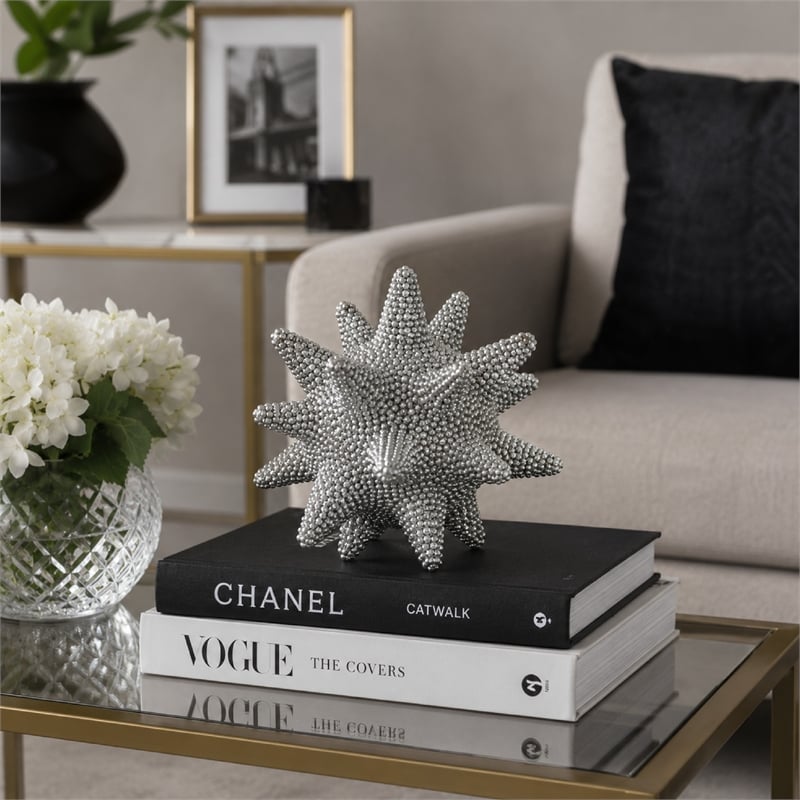 Noah Decorative Orb Sculpture with Spiked Details- Silver Resin 8 Inch