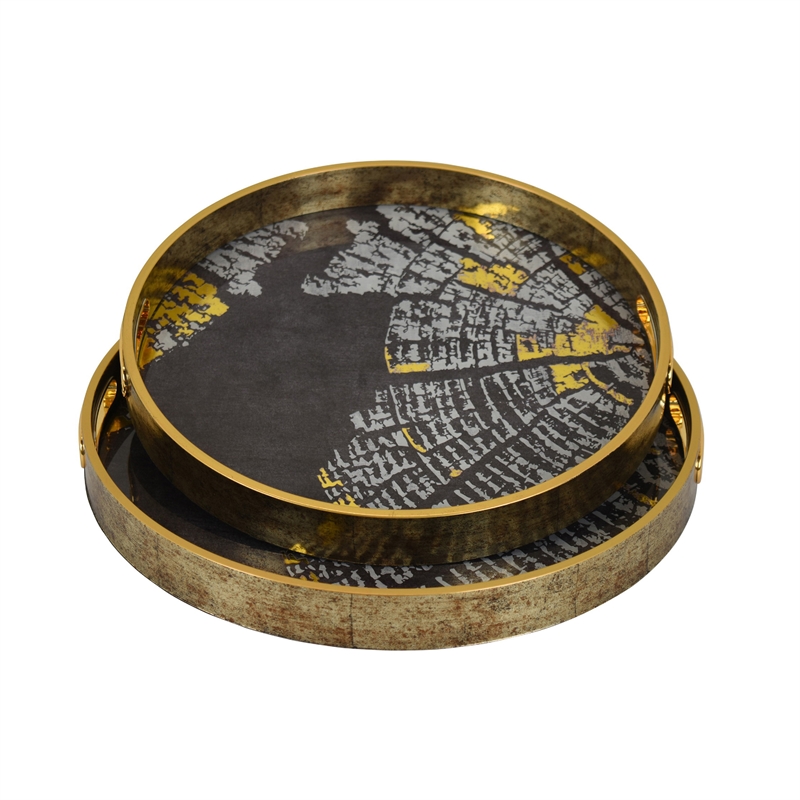 Archy Round Tray- Set of 2- Abstract Patterns- Black-Gold Polyurethane