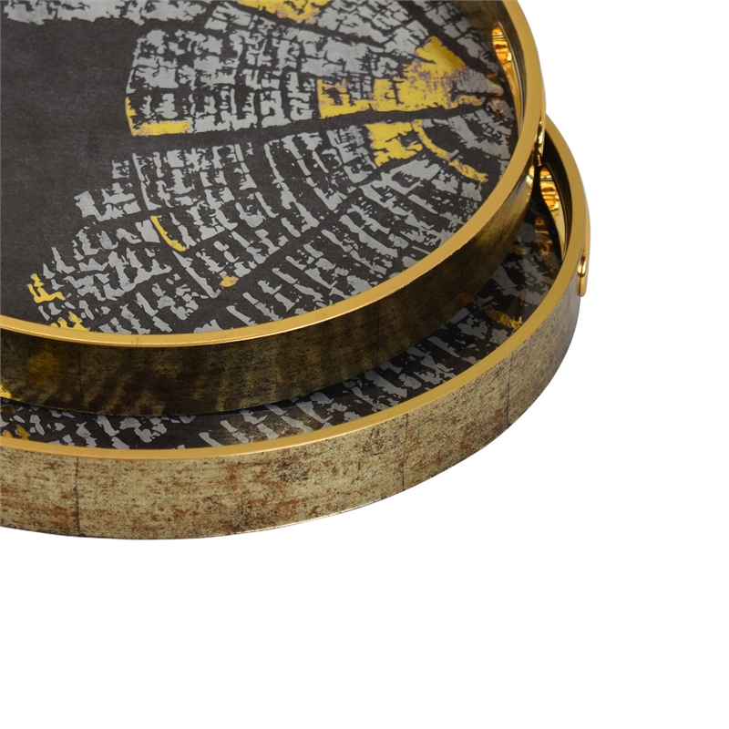 Archy Round Tray- Set of 2- Abstract Patterns- Black-Gold Polyurethane