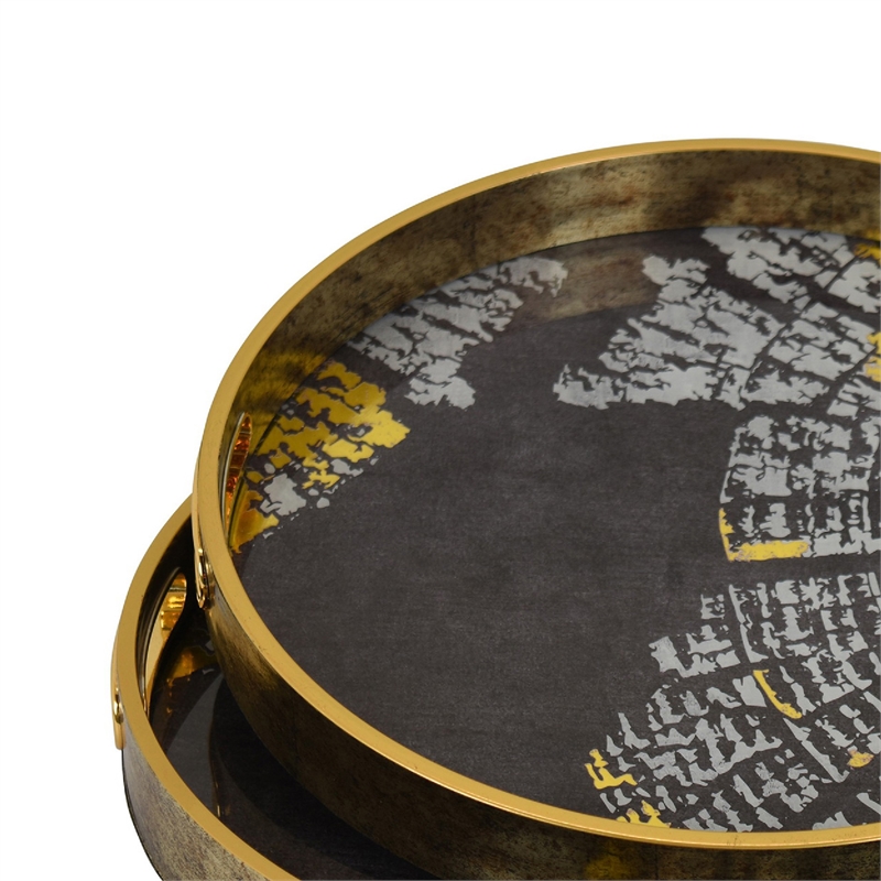 Archy Round Tray- Set of 2- Abstract Patterns- Black-Gold Polyurethane