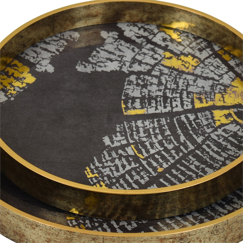 Archy Round Tray- Set of 2- Abstract Patterns- Black-Gold Polyurethane