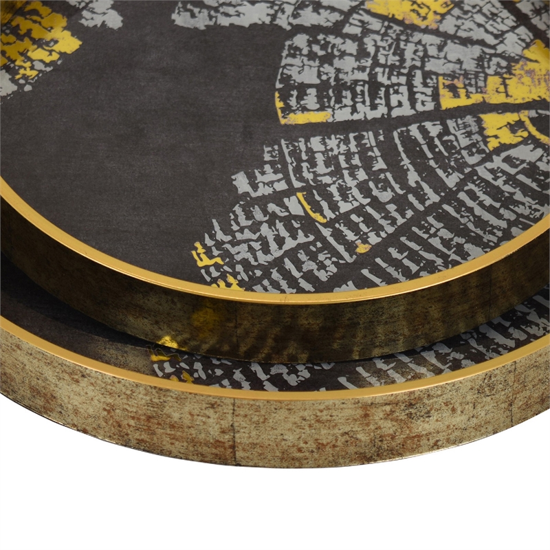 Archy Round Tray- Set of 2- Abstract Patterns- Black-Gold Polyurethane