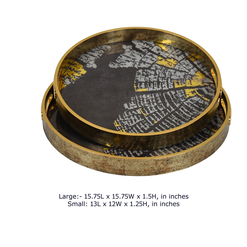 Archy Round Tray- Set of 2- Abstract Patterns- Black-Gold Polyurethane