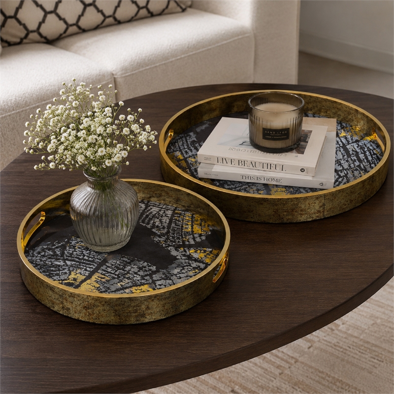 Archy Round Tray- Set of 2- Abstract Patterns- Black-Gold Polyurethane
