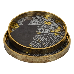 Archy Round Tray- Set of 2- Abstract Patterns- Black-Gold Polyurethane
