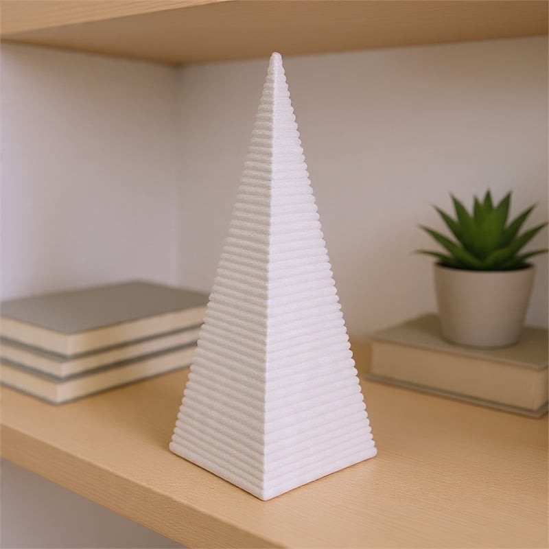 Fuji Decorative Pyramid Sculpture with Layered Ridges- White Resin