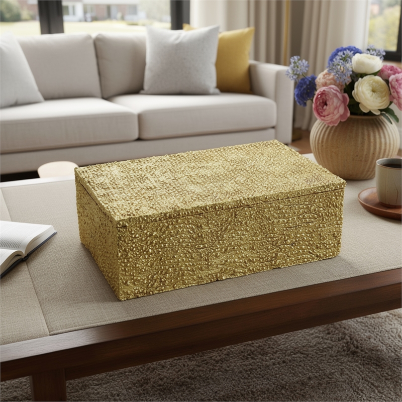 Suzie Decorative Box with Lid and Storage- Gold Textured Resin 12 Inch