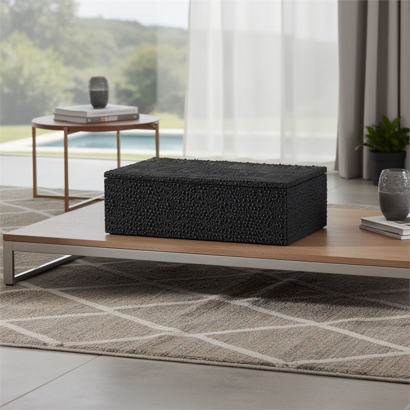 Suzie Decorative Box- Lid and Storage- Textured Black Resin 12 Inch