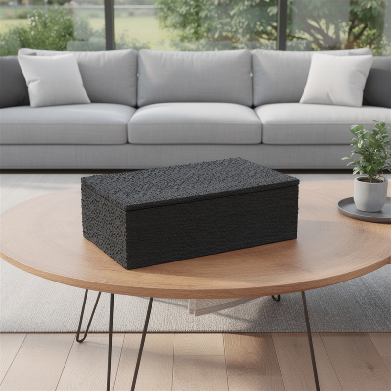 Suzie Decorative Box- Lid and Storage- Textured Black Resin 12 Inch