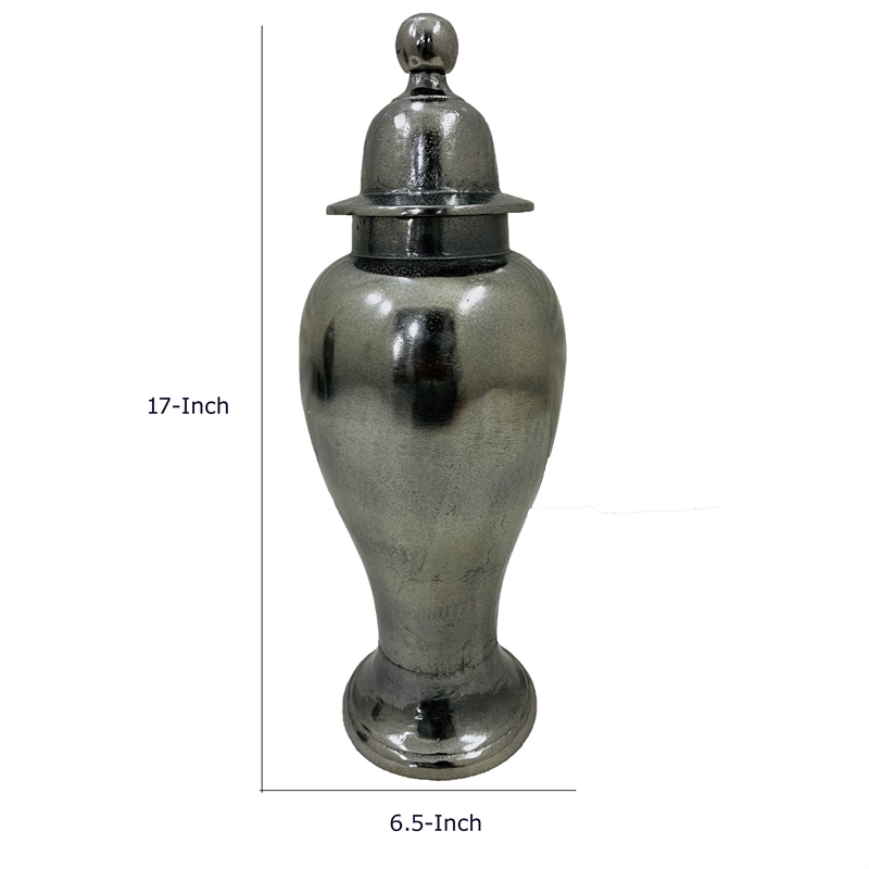 Anila Traditional Temple Jar with Dome Lid- Black Chrome Metal 17 Inch