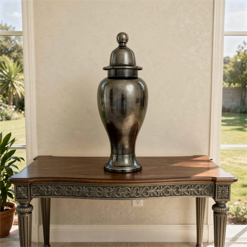 Anila Traditional Temple Jar with Dome Lid- Black Chrome Metal 17 Inch