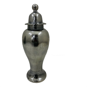 Anila Traditional Temple Jar with Dome Lid- Black Chrome Metal 17 Inch