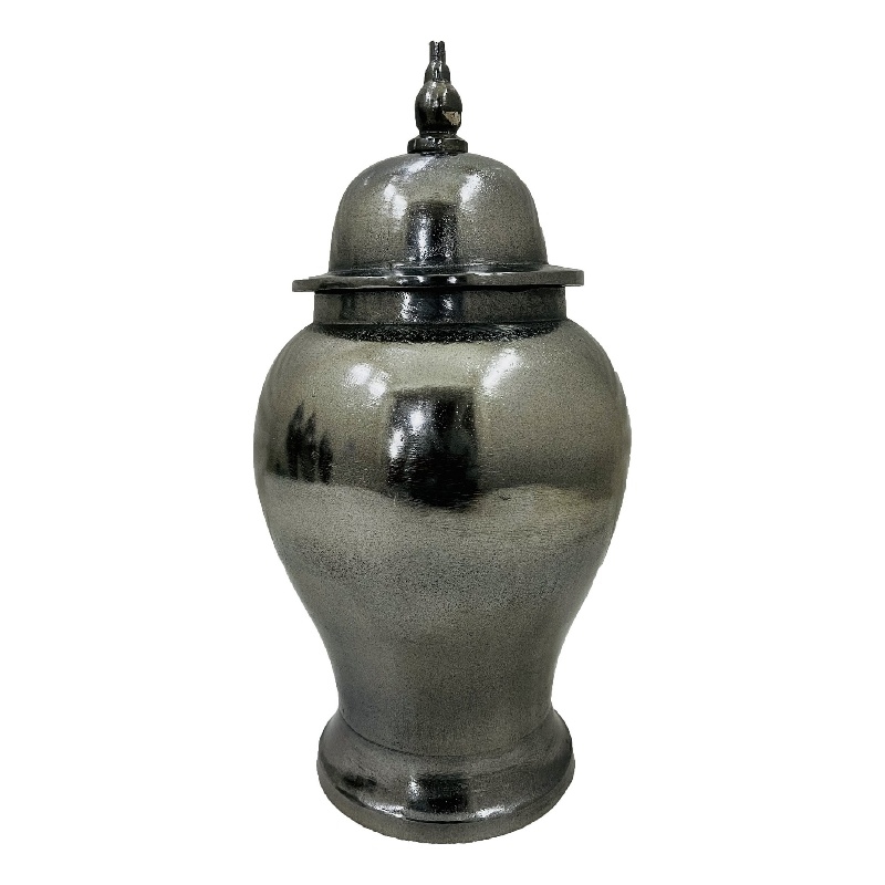 Anila Traditional Temple Jar with Dome Lid- Black Chrome Metal 21 Inch