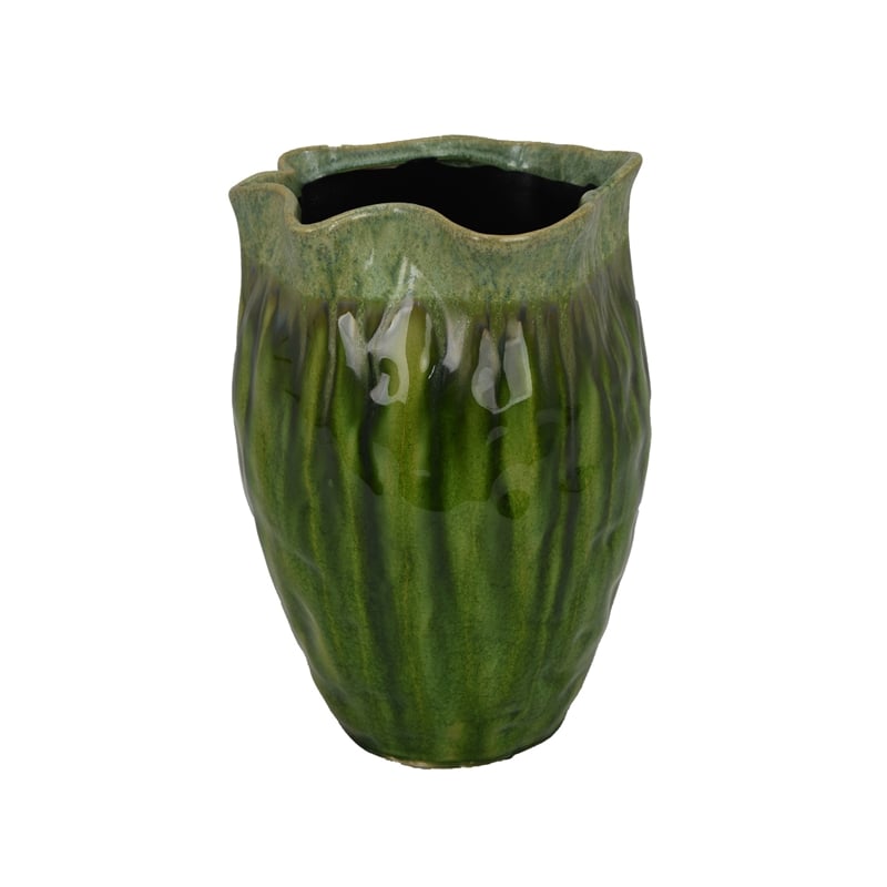 Ashly Decorative Planter with Scalloped Rim- Green Textured Ceramic 11 Inch