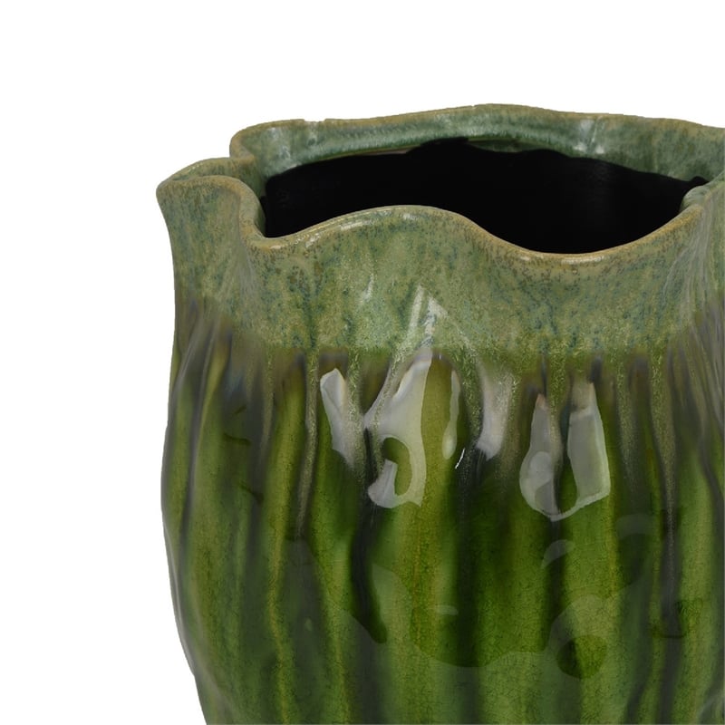 Ashly Decorative Planter with Scalloped Rim- Green Textured Ceramic 11 Inch