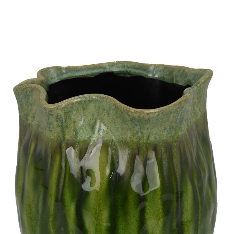 Ashly Decorative Planter with Scalloped Rim- Green Textured Ceramic 11 Inch