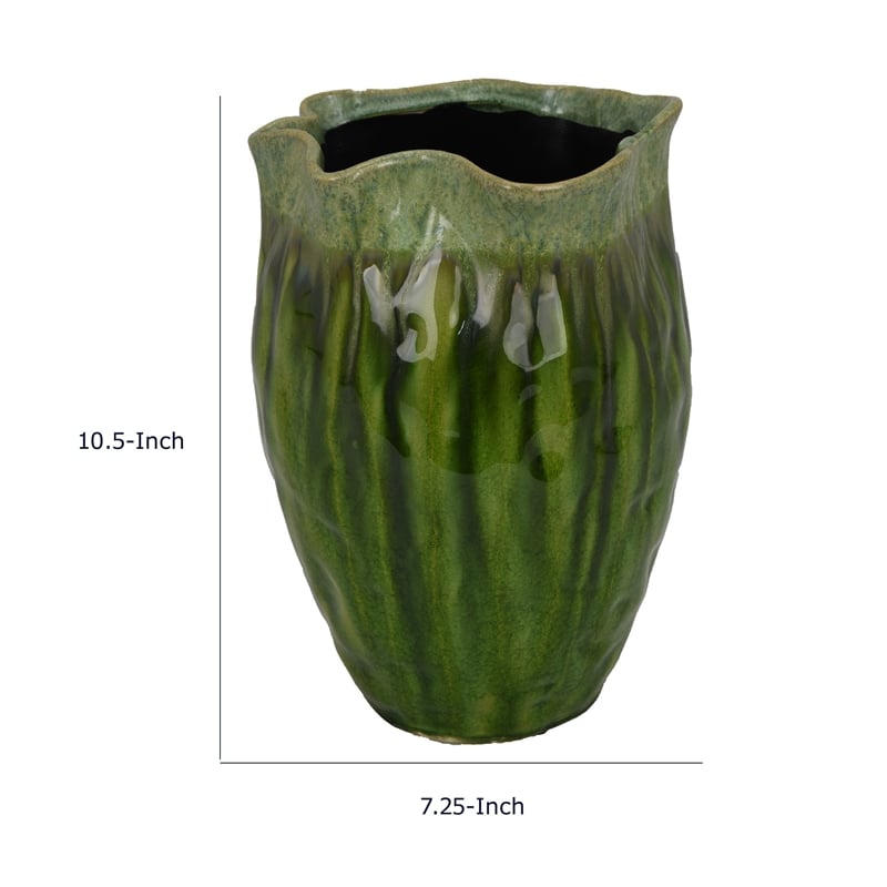 Ashly Decorative Planter with Scalloped Rim- Green Textured Ceramic 11 Inch