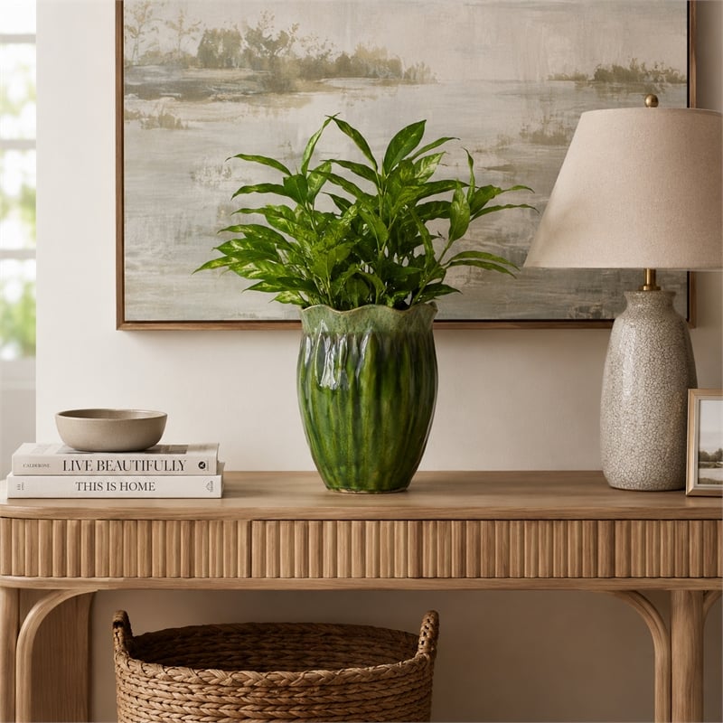 Ashly Decorative Planter with Scalloped Rim- Green Textured Ceramic 11 Inch