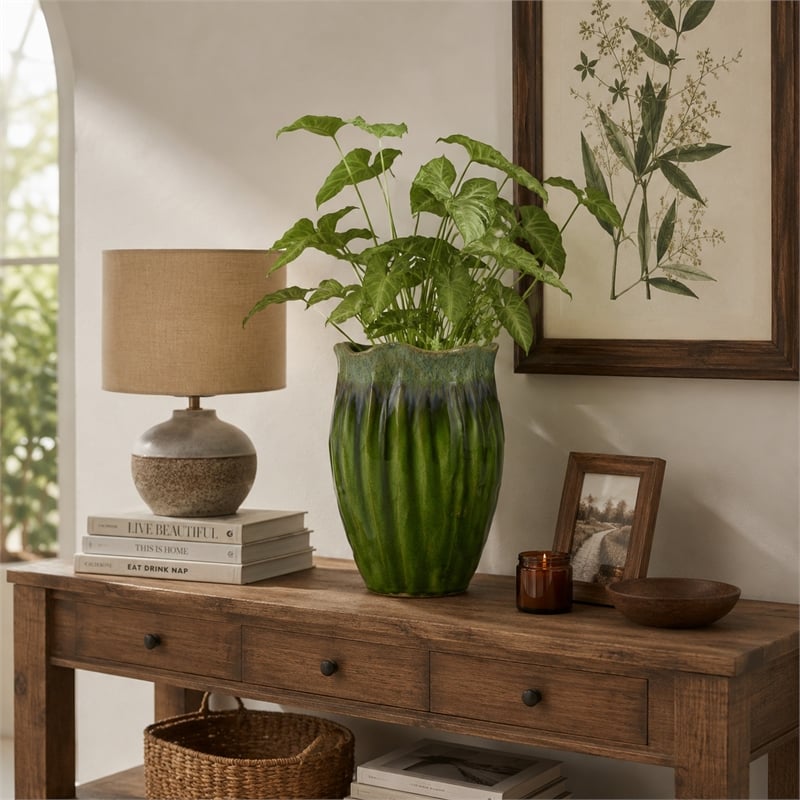 Ashly Decorative Planter with Scalloped Rim- Green Textured Ceramic 11 Inch
