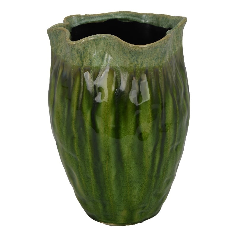 Ashly Decorative Planter with Scalloped Rim- Green Textured Ceramic 11 Inch
