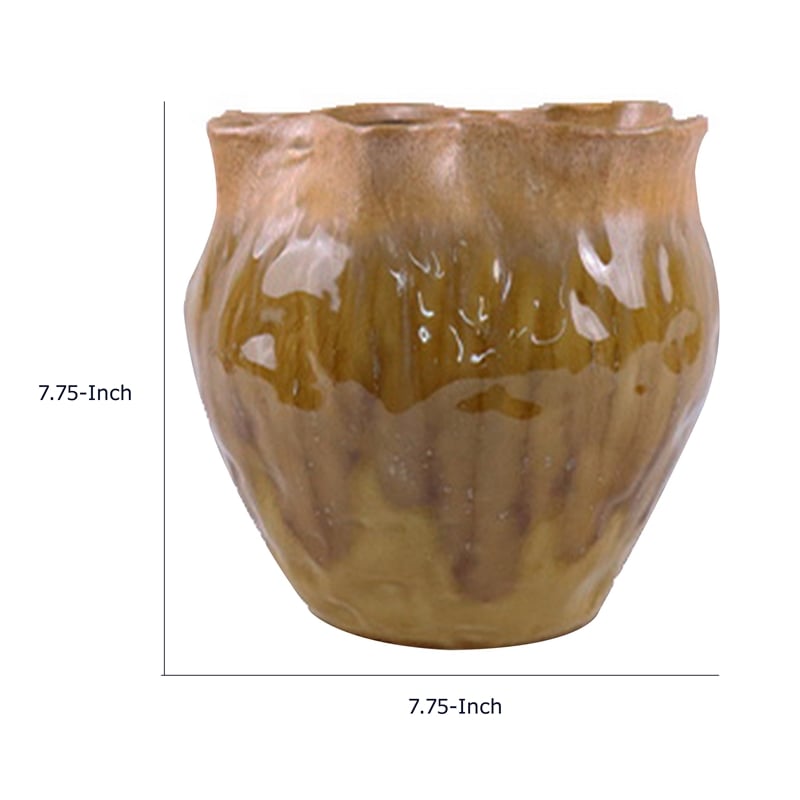 Ashly Decorative Planter with Scalloped Rim- Yellow Textured Ceramic 8 Inch