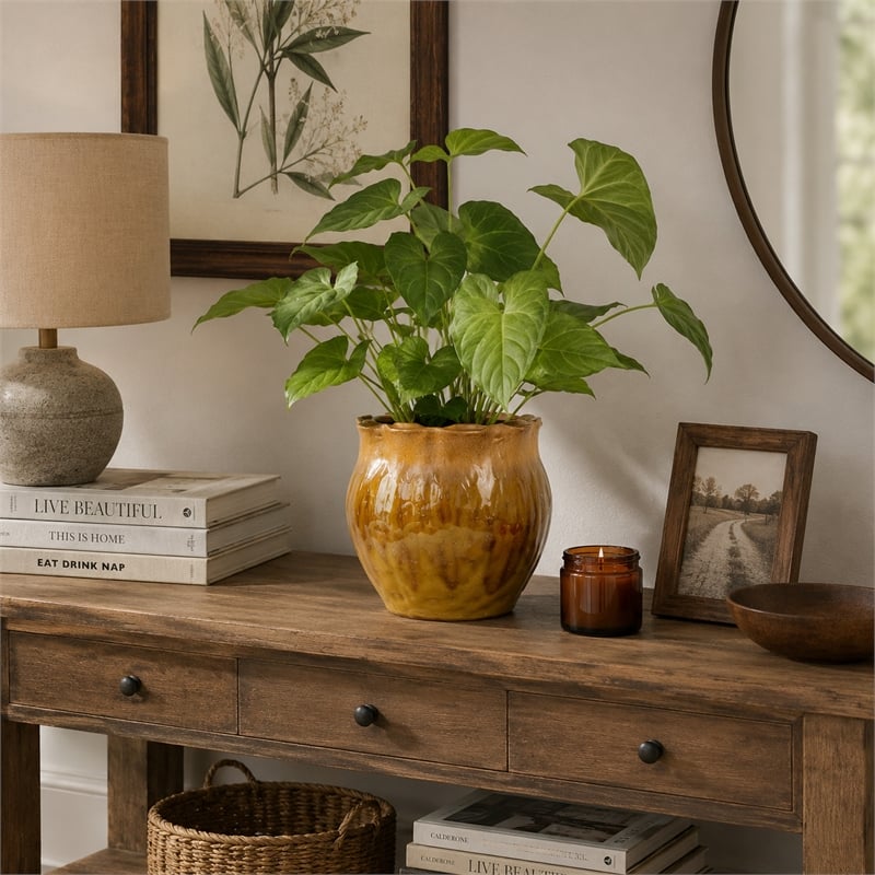 Ashly Decorative Planter with Scalloped Rim- Yellow Textured Ceramic 8 Inch