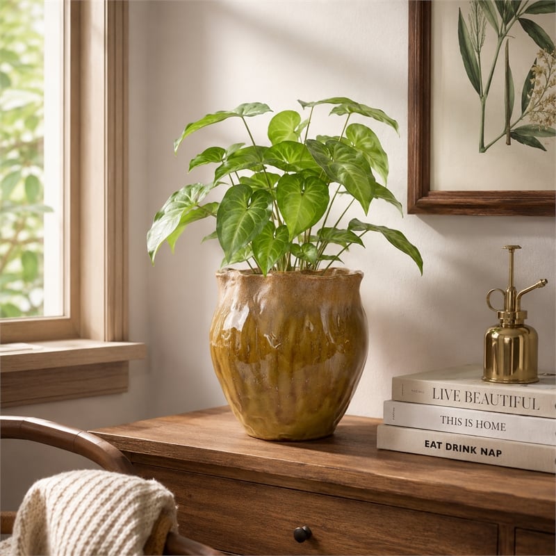 Ashly Decorative Planter with Scalloped Rim- Yellow Textured Ceramic 8 Inch