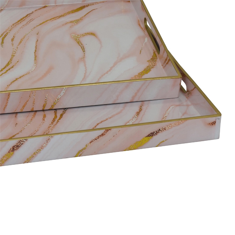 Hamza Rectangular Tray- Set of 2- Pink-Gold Marble Finish Polyurethane