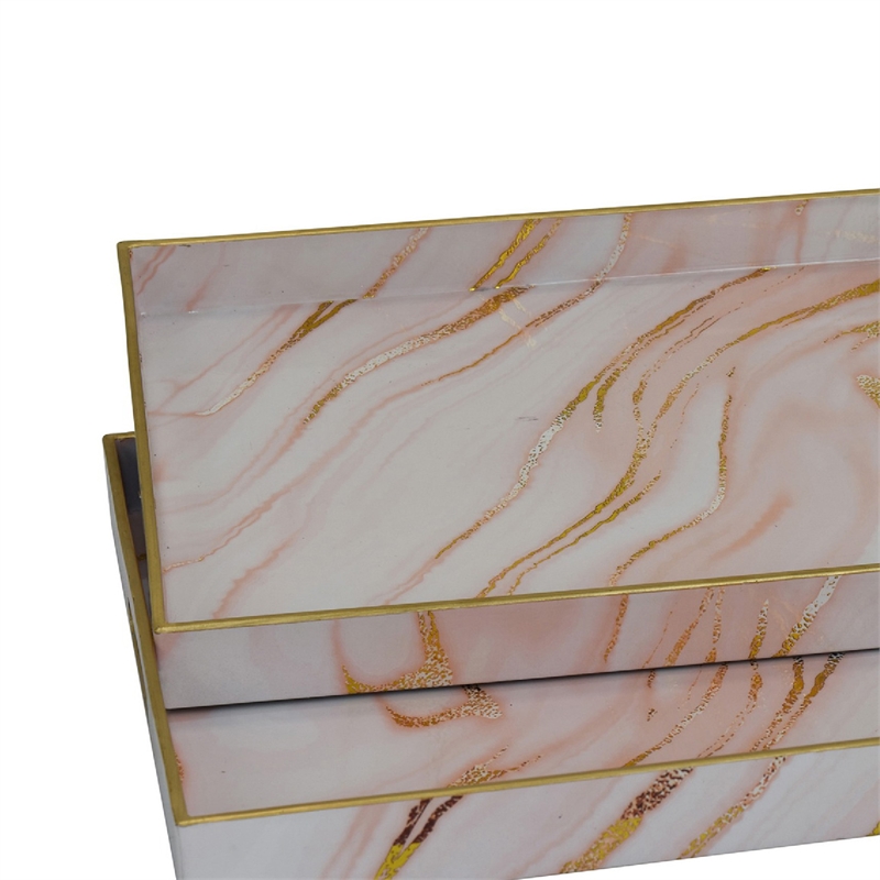 Hamza Rectangular Tray- Set of 2- Pink-Gold Marble Finish Polyurethane