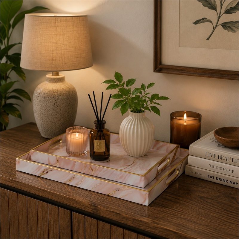 Hamza Rectangular Tray- Set of 2- Pink-Gold Marble Finish Polyurethane