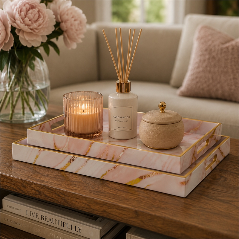 Hamza Rectangular Tray- Set of 2- Pink-Gold Marble Finish Polyurethane