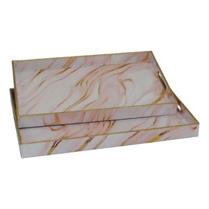 Hamza Rectangular Tray- Set of 2- Pink-Gold Marble Finish Polyurethane
