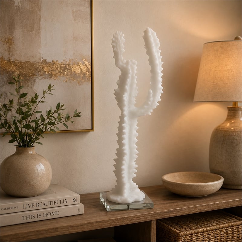 Erica Decorative Cactus Sculpture on Glass Base- White Resin 18 Inch