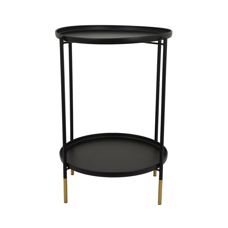 Two-Tier Round Side Table with Tray Shelves Accent- Black Metal 24 Inch