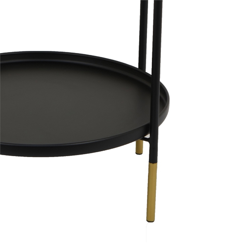 Two-Tier Round Side Table with Tray Shelves Accent- Black Metal 24 Inch