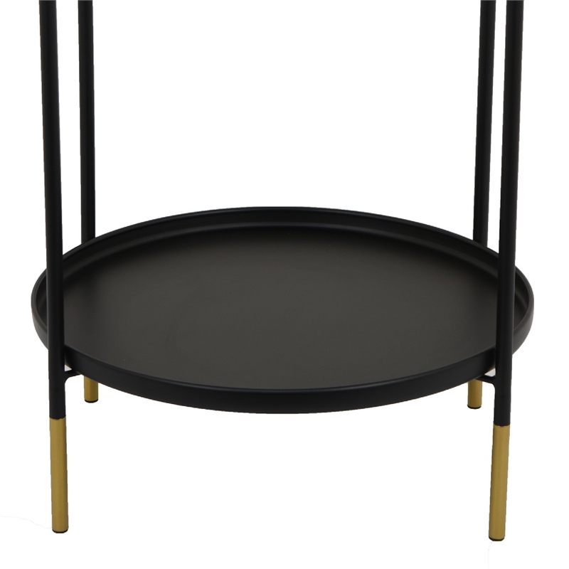 Two-Tier Round Side Table with Tray Shelves Accent- Black Metal 24 Inch