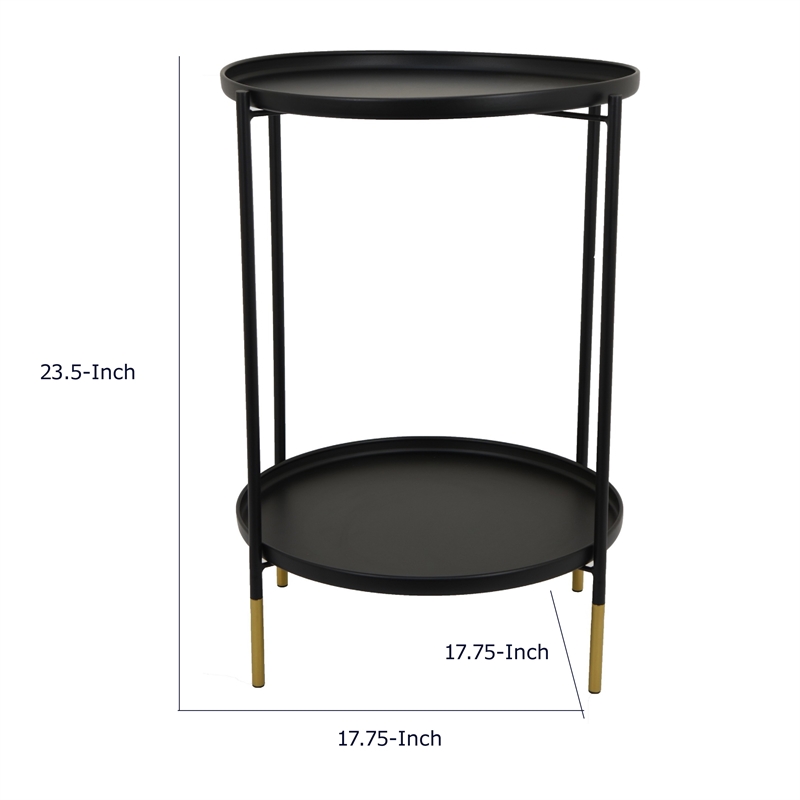 Two-Tier Round Side Table with Tray Shelves Accent- Black Metal 24 Inch