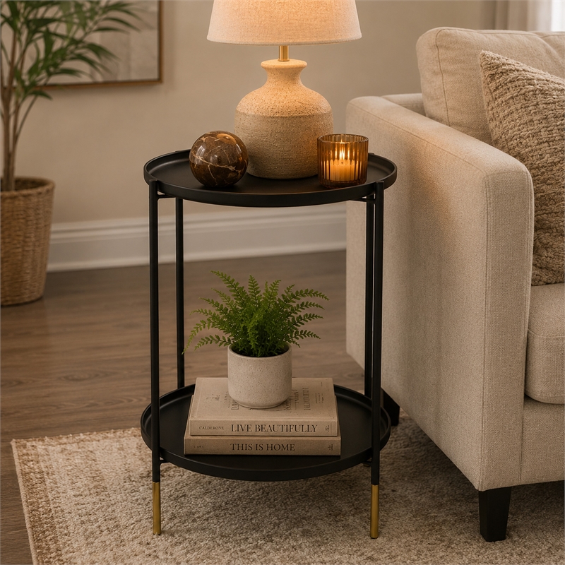 Two-Tier Round Side Table with Tray Shelves Accent- Black Metal 24 Inch