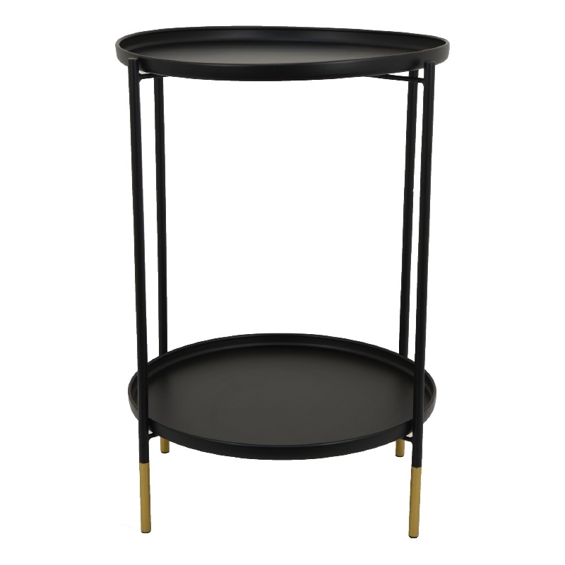 Two-Tier Round Side Table with Tray Shelves Accent- Black Metal 24 Inch